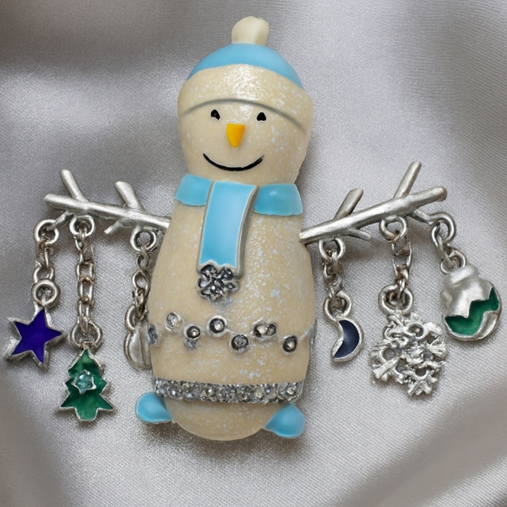 Elegant Silver Snowman Brooch with Enamel Charms – Christmas Festive Holiday Pin